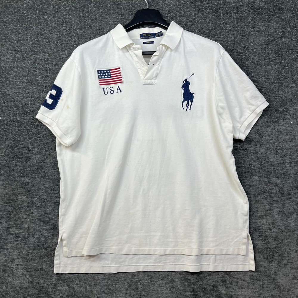 Polo Ralph Lauren USA Flag Polo Shirt Men's White Custom Fit Big Pony - 2XL